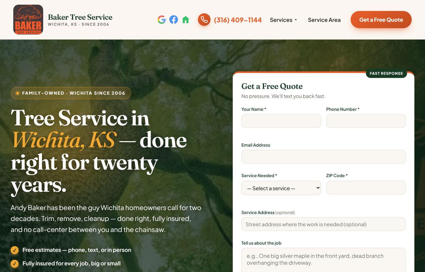 Baker Tree Service website built by Axis Digital Studios